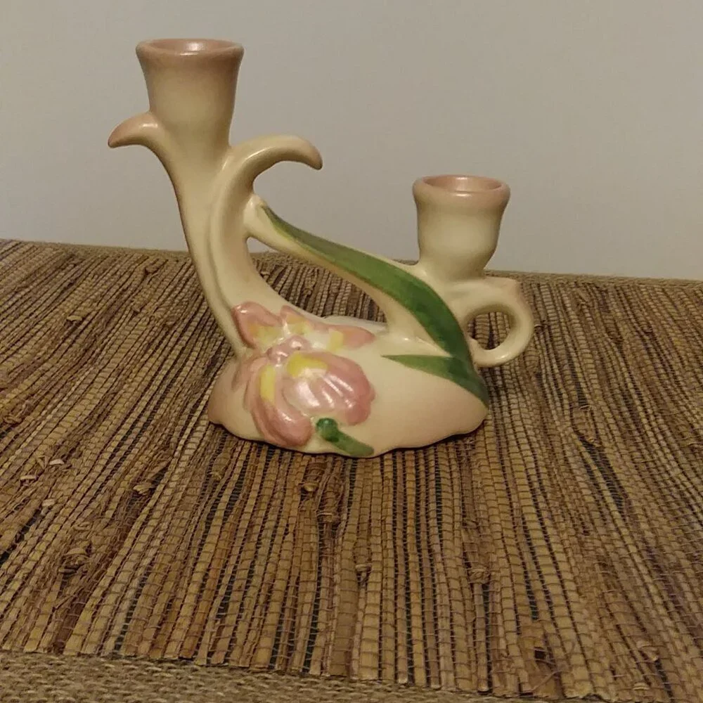 Vintage 1930s Camark Pottery Twin Candle Holder – Pink Iris Floral Art Deco US
